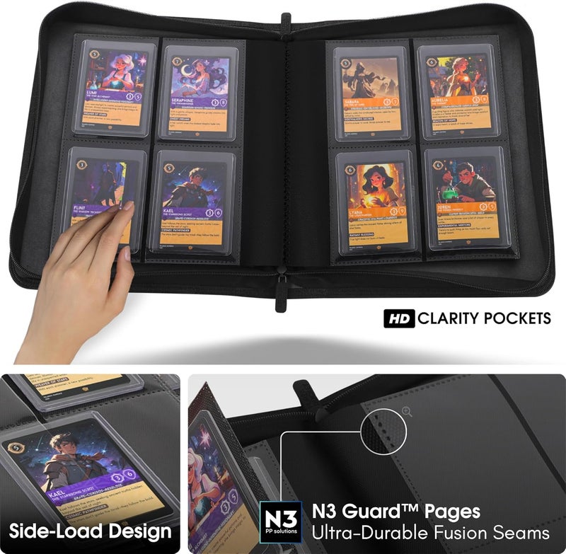 FORZAROCKET 144 Toploader Binder | 4-Pocket Zippered Ringless Album for TCG & Sports Cards | PU Leather Side-Load Storage - Image 3